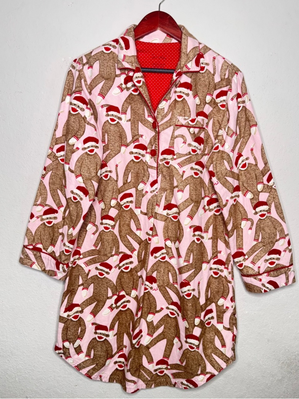 Nick & Nora‎ Sock Monkey Pajama Nightgown Cotton Button Front Sleep Shirt Size M